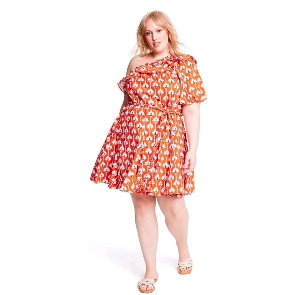 RHODE Women's Plus Size Lotus Floral Print One Shoulder Mini Dress Orange 1X